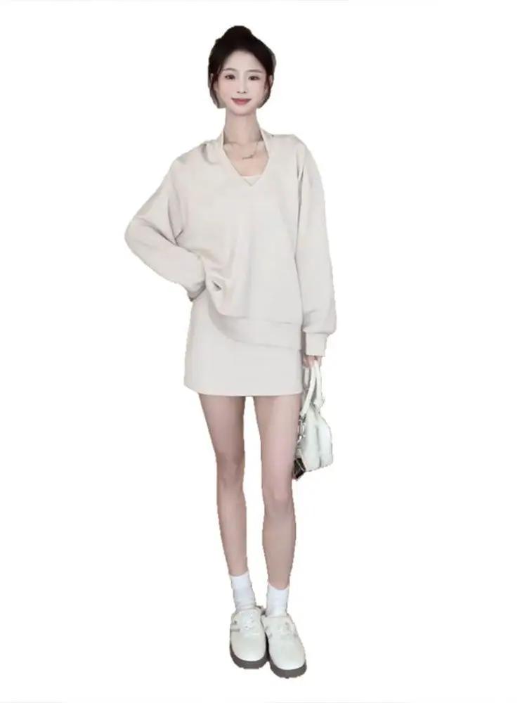 2025 New Korean Sle Loose Feel Sweatirt Set Dr Women Early Autumn High End Sensation ort Skirt Faionable Outfit
