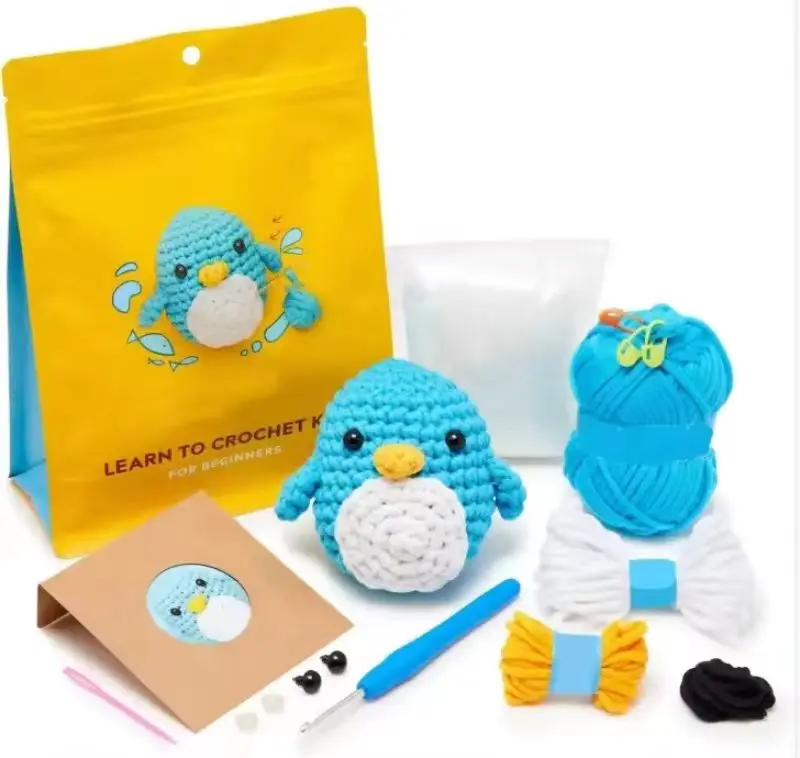 Blue Penguin Crochet Kit para Iniciantes com Vídeo Tutorial, Fio De Tricô De Algodão, Agulhas De Rosca, Conjunto De Ferramentas De Malha De Gancho, Artesanato DIY