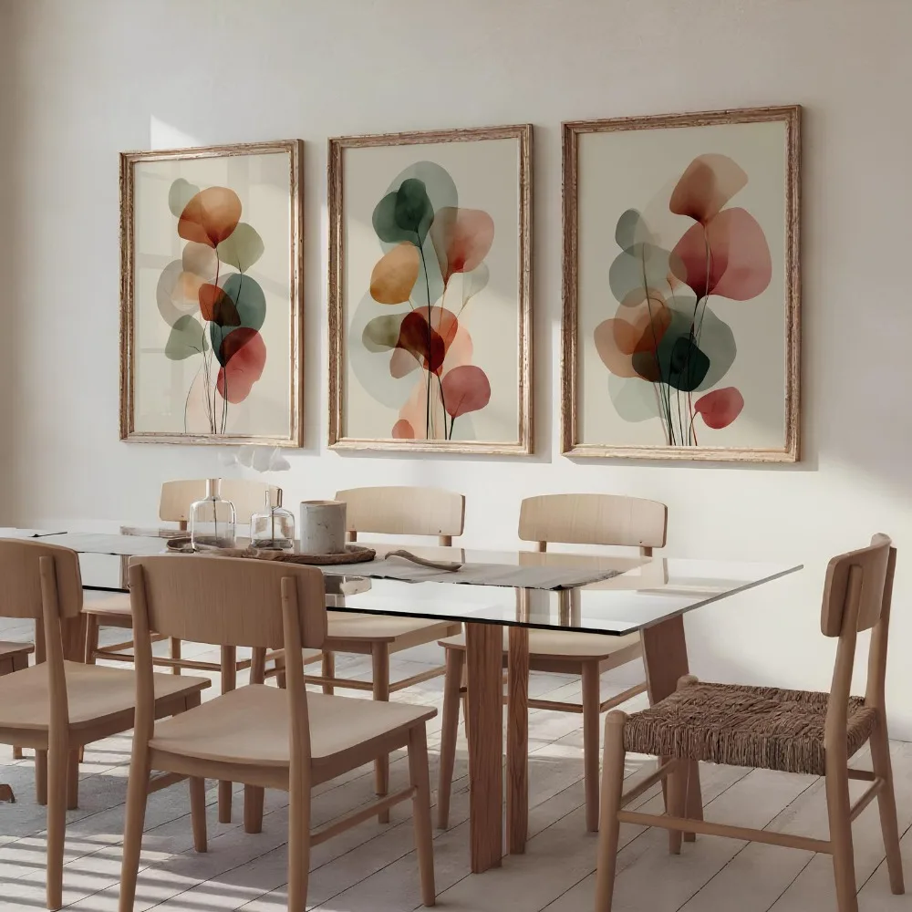 3pcs Frameless Bohemian Plant Wall Art,Terracotta Sage Green Abstract Leaf Triptych Printing,Neutral Decor Bedroom Home Office