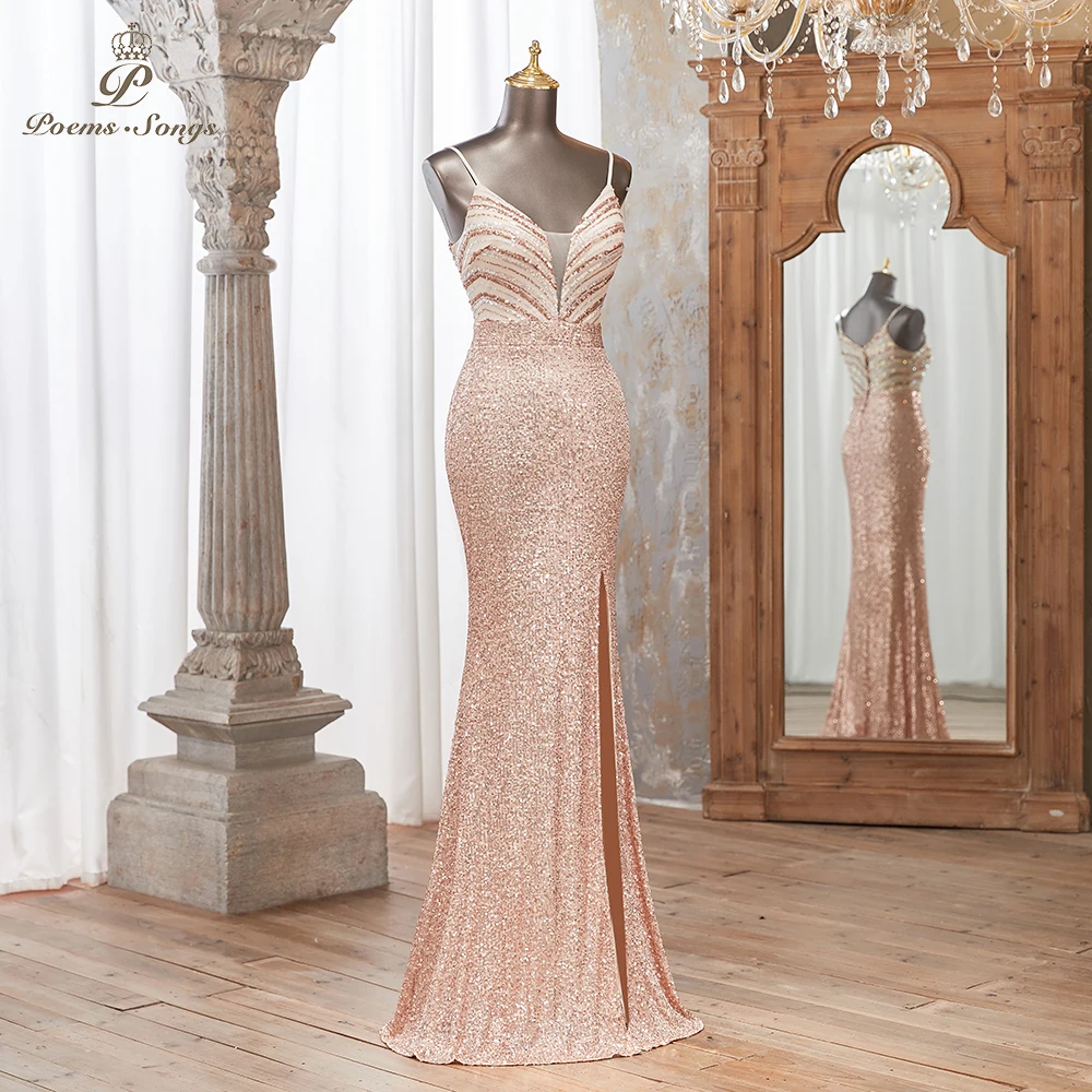 Stunning Gold Sequin Evening Dress Side Slit Elegant Perfect Parties Formal Events vestidos de fiestas elegantes mujer