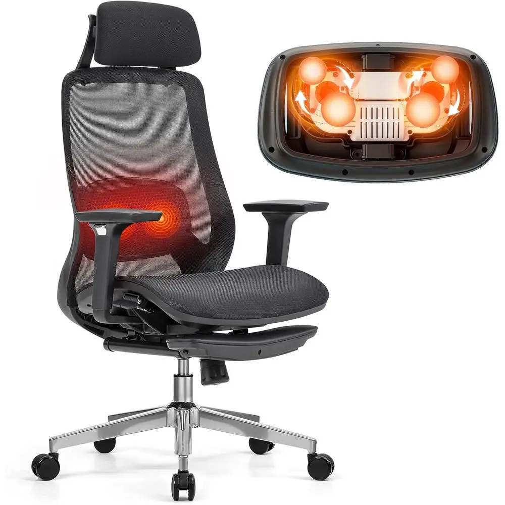 

Ergonomic High-Back Massage Chair with Footrest, Adjustable Armrests, Lumbar Heat, Recline, and Mesh Seat - Black