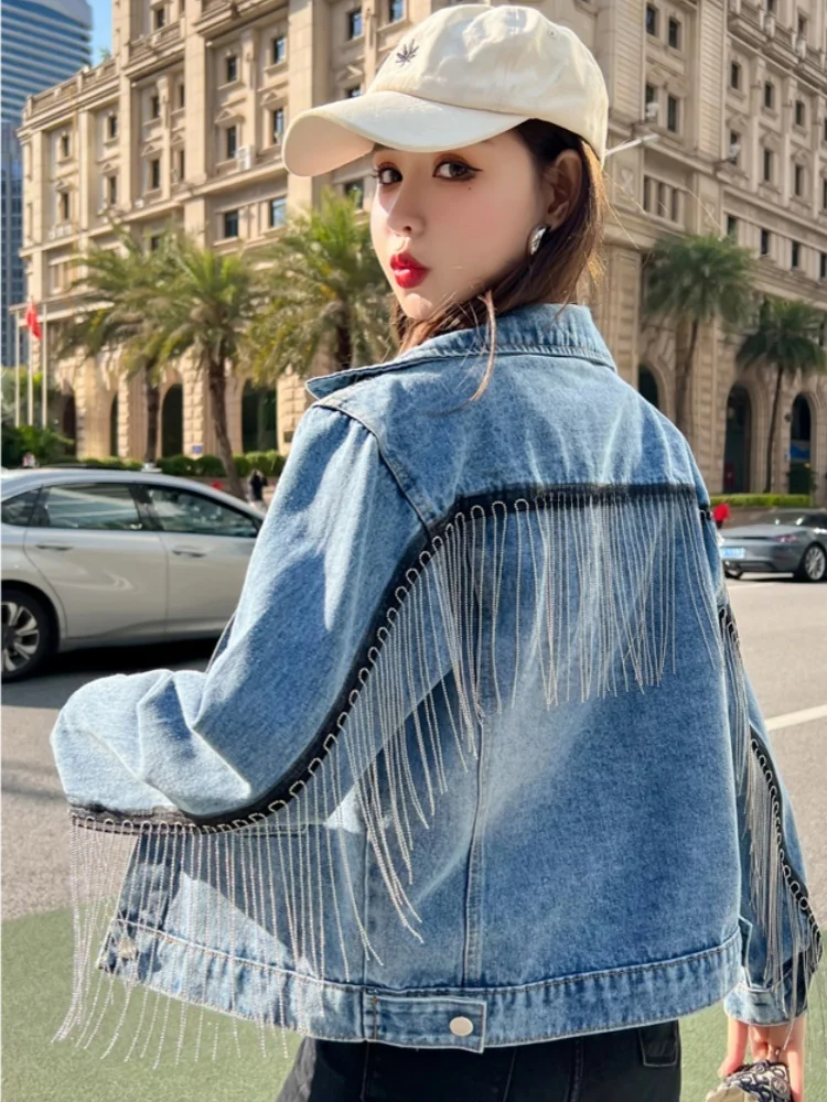 

Faionable Fringed Design ort Denim Jaet Outerwear Spring Autumn Women's plus Size Casual Sli Trendy Tagkita Brand