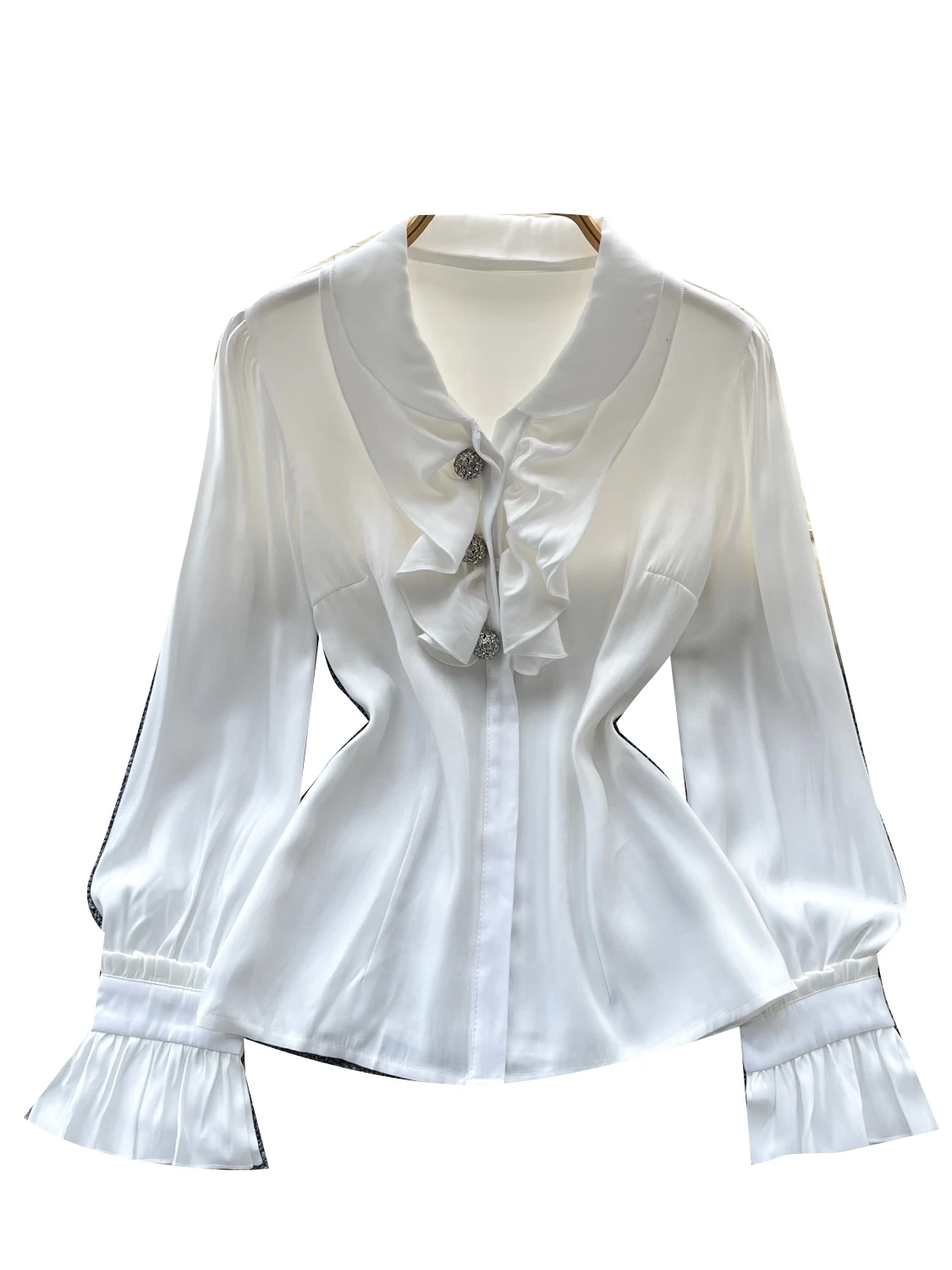 Women's 2024 Summer Lapel Pleated Waist-tight Slimming Design Chic Female Temperament Tops Socialite High-End Long Sleeve Shirts