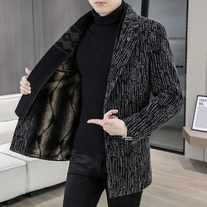 Men's Business Casual Winter Thickened Striped Plush Overcoat Warm Fleece Windbreaker Jacket Classic Woolen Coat Clothes Outwear