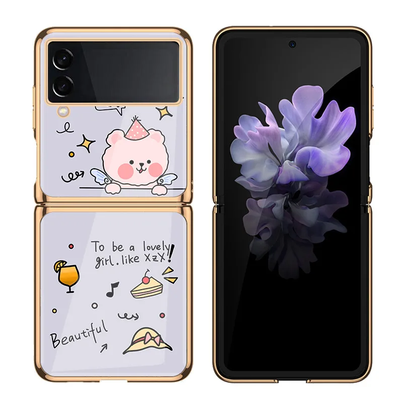 Z Flip 4 Funda Case for Samsung Galaxy Z Flip 4 3 2 1 Foodie Bear Plating Tempered Glass Coque Protection Phone Case Cover