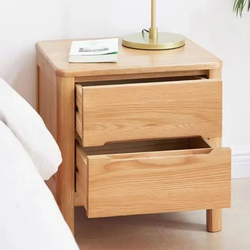 Modern minimalist solid wood bedside table, North American oak double drawn bedside table, light table