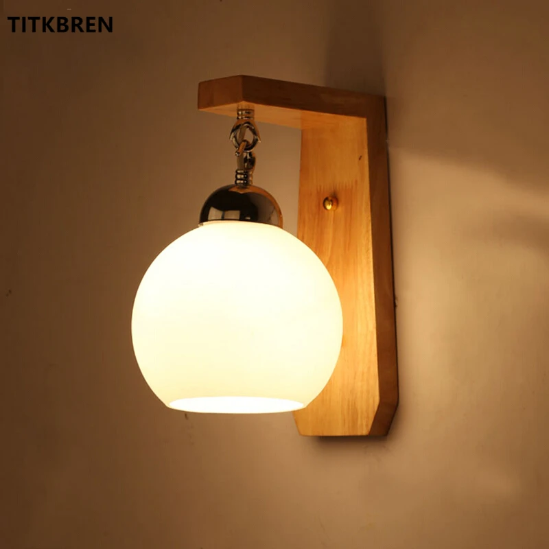 Korean Style Wooden Wall Lamp White Glass Ball Lampshade Wall Hanging Lighting For Bedroom Living Room Porch Storehouse Fixtures