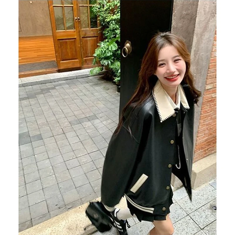 

MEXZT Black Pu Leather Jacket Women Streetwear Patchwork Motorcycle Coat Autumn Winter Y2K Harajuku Long Sleeve Casual Outerwear