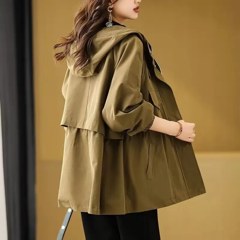 

Women Mid Length Version Windbreaker Jacket Korean Ladies Hooded Trench Tops Coat Femal Large Size 4XL Drawstring Lined Outwear