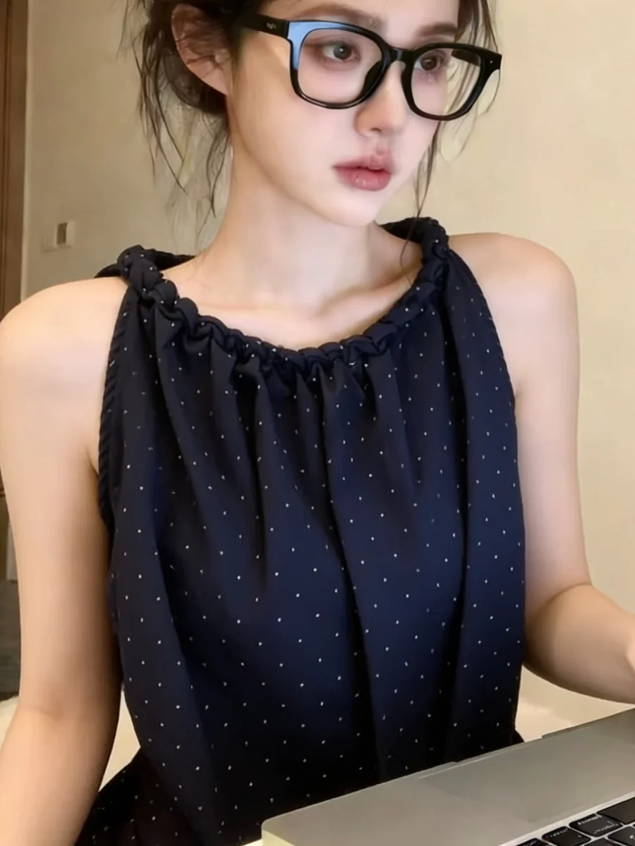 Summer New Polka Dot Strapless Vest Women's Sexy Slimming Sleeveless Top Self-Keeping Korean Style Commute Loose Fit Cotton