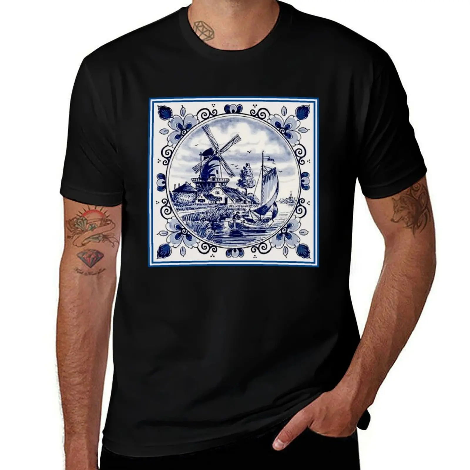 DUTCH BLUE DELFT: Vintage Windmill Print T-Shirt Cool Dry Performance T-Shirt
