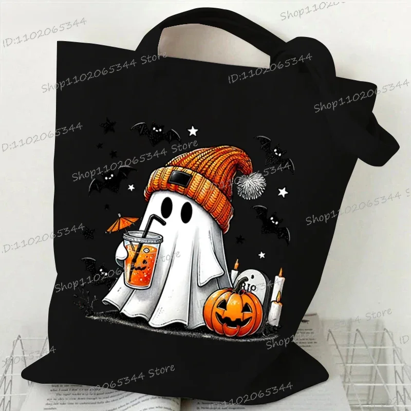 Women's Tote Bag Halloween Retro Ghost Coffee Pumpkin Print Canvas Cartoon Shopping Bags The Boo Horror Commuter Shoulder Bag