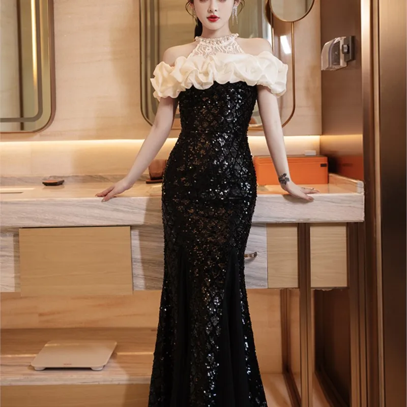 

Black banquet temperament host light luxury niche mitzvah fishtail dress