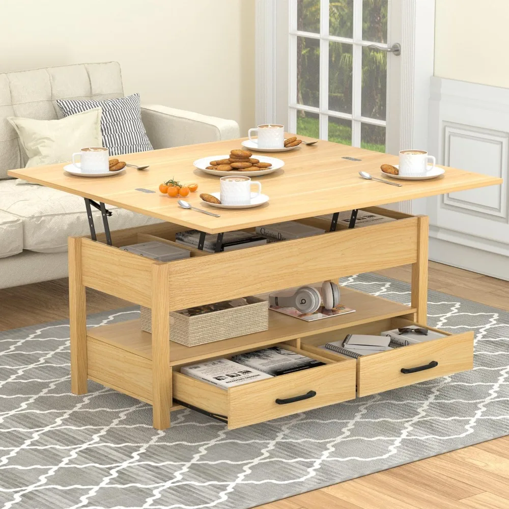 Lift Top Coffee Table, 3-in-1 Multifunctional Coffee Table with Drawers and Hidden Compartments, Coffee Table Converts