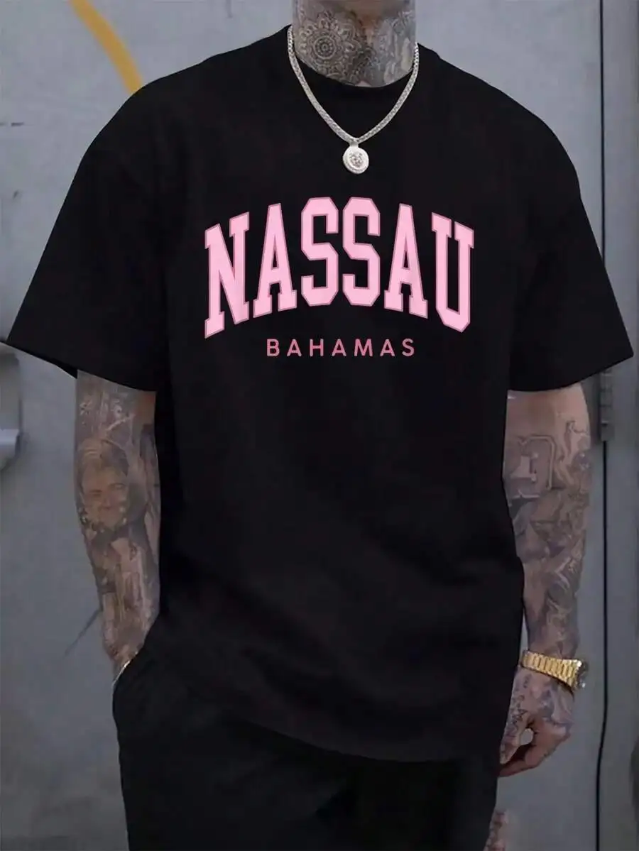 100% Cotton Nassau Bahamas Preppy Retro Throwback Pink Womens Souvenir T-Shirt Men's Black Vacation Crew Neck Short Sleeve Holid