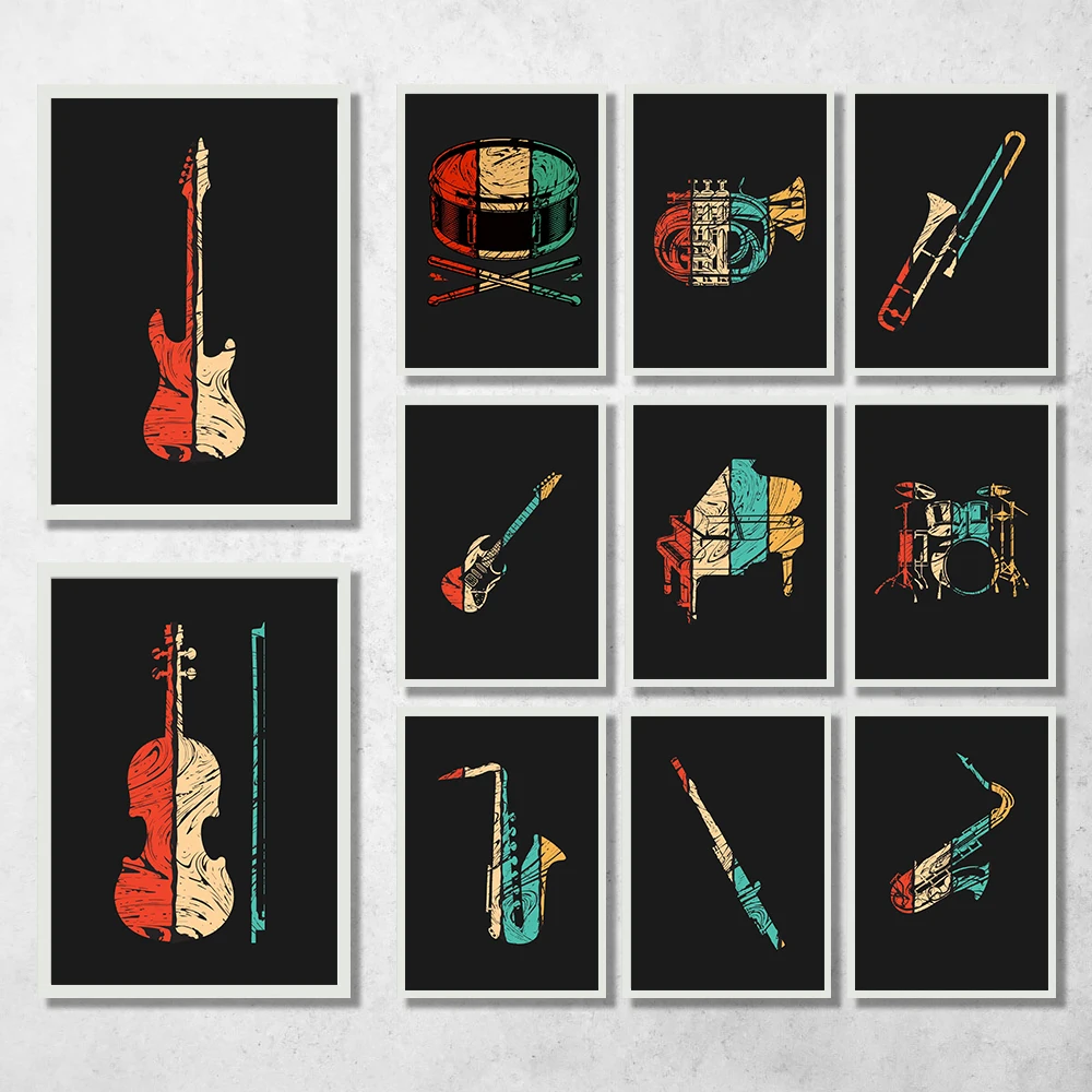 Retro Musical Instrument Artistic Abstraction Poster Canvas Printing Piano Guitar Violin Wall Art Decor Jazz Music Bar Art Decor
