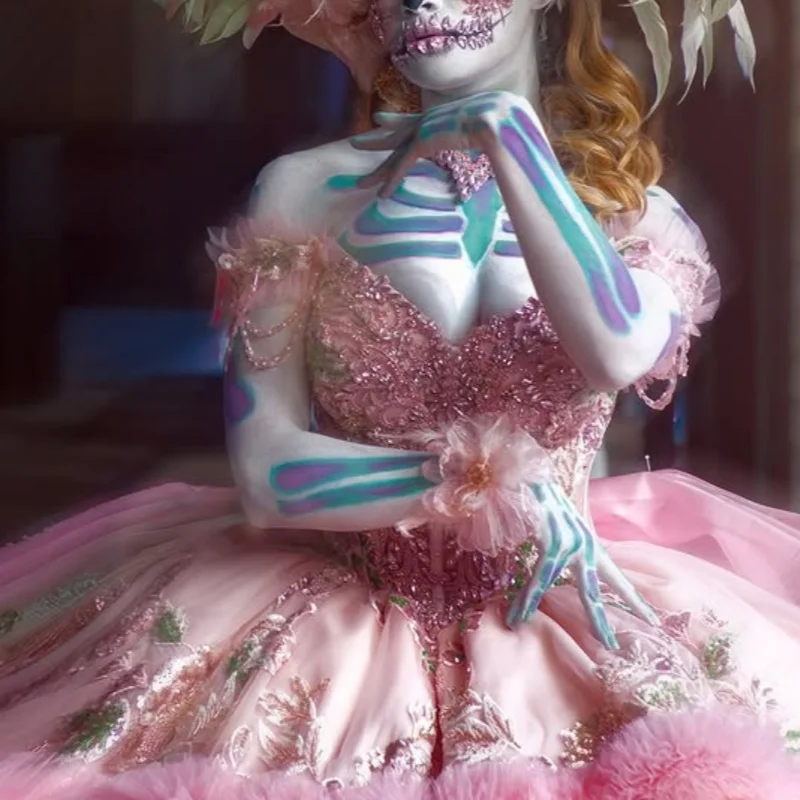 

Pink Quinceanera Dress off-shoulder glitter flower decal Lace layering Long tail Bow vestidos de 15 Quinceanera ﻿Customize