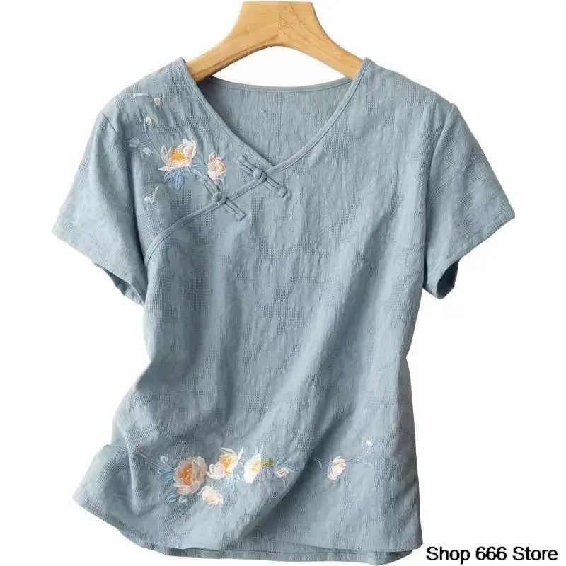 China Style Spring Summer Printing T-shirt Loose Top Oriental Female Clothes Chinese Blouses for Women Retro Cotton Linen Shirt