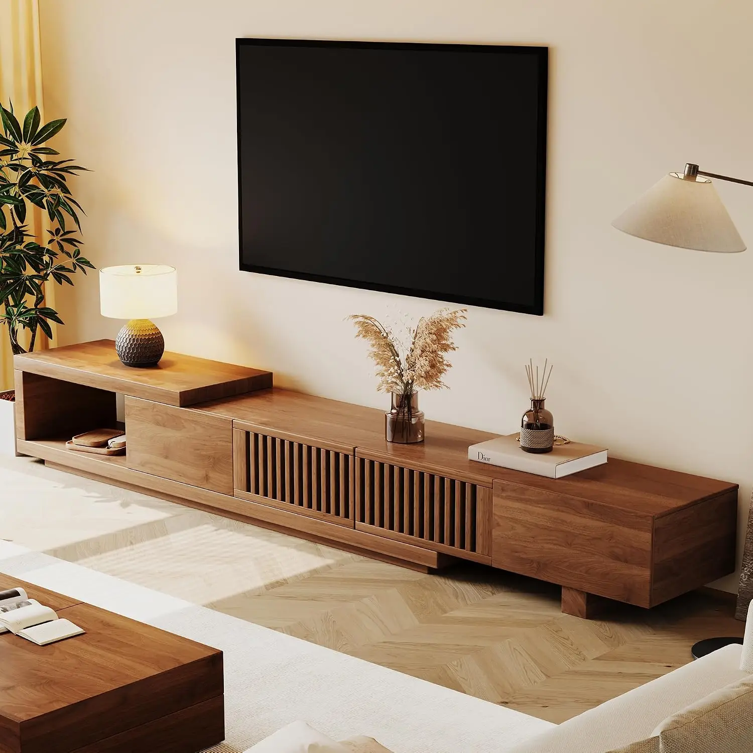 Mid-Century Modern Walnut TV Stand Extendable Console Slatted Door Drawers Shelves Living Room Bedroom 78.54–103