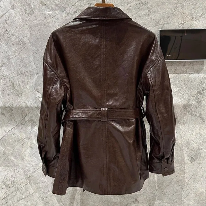 Outfits 2025, neue importierte Ölwachs-Leder-Windjacke für Damen, Retro-Braun, lässig, mittellange Jacke mit Schärpe, Abrigo Mujer