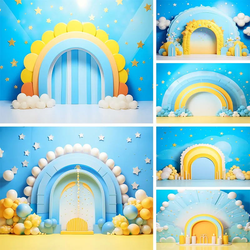 

Newborn Portrait Photography Backdrops Sky Blue Yellow Sun Cartoon Rainbow 1st Birthday Photo Backgrounds Cake Smash Decortion