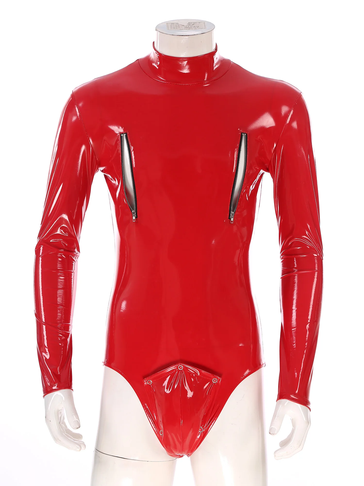 Mens Latex Catsuit Leather Lingerie Open Crotch Removable Bulge Pouch One Piece Long Sleeve Zipper Bodysuit Steampunk Clubwear