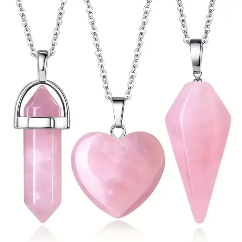 3pcs Rose Quartz Necklace Pendants Set for Spiritual Energy Witchcraft Reiki Healing Jewelry Gift for Birthday Holiday
