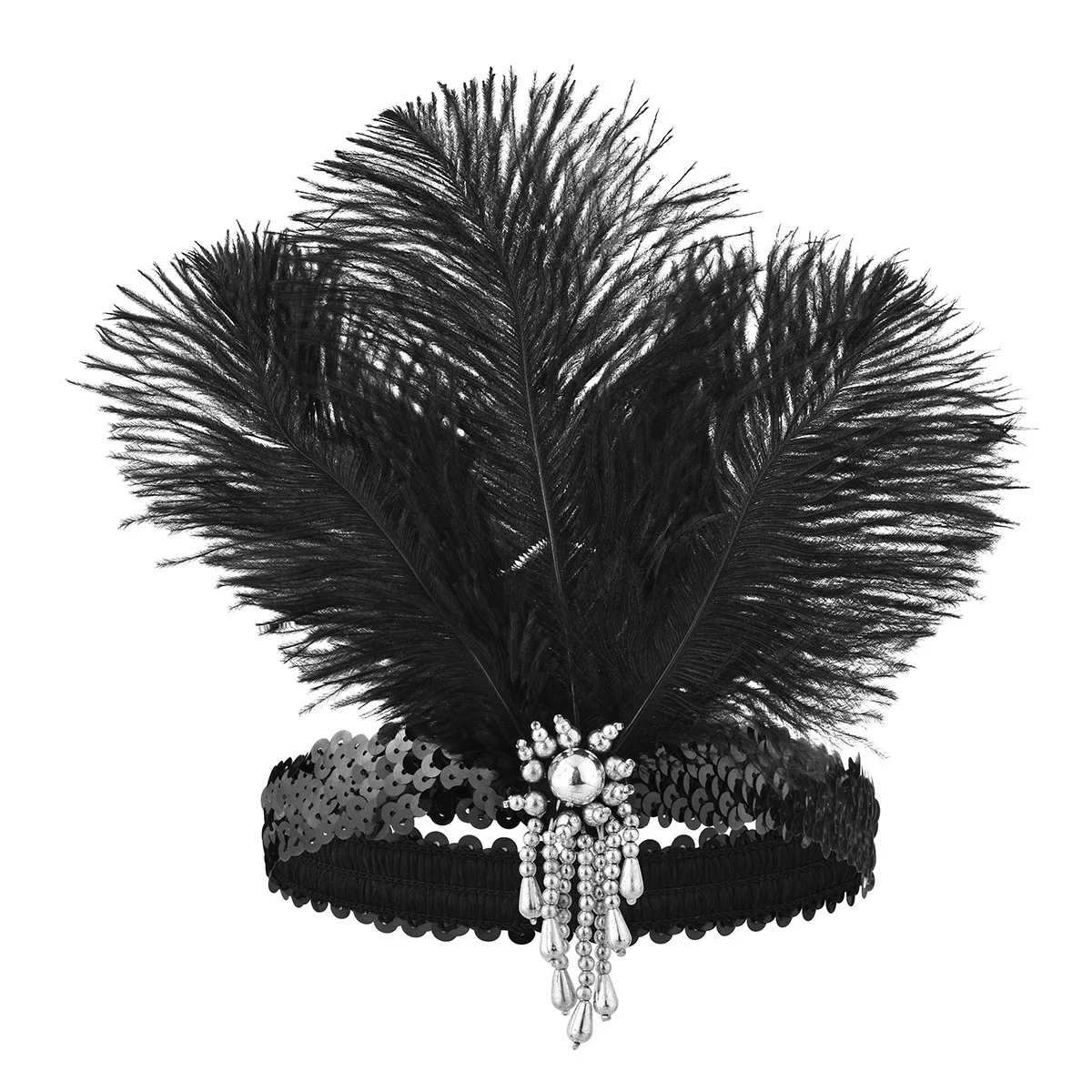 Women\'s Black Hair Accessories Beaded Sequin Hair Band 1920s Retro Gatsby Single Party Ladies Headwear Dress UP Feather Headband