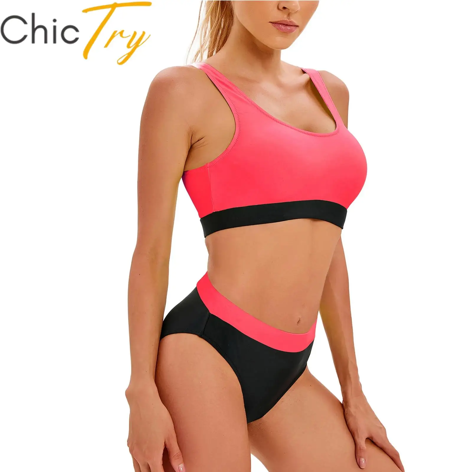 

Womens Color Block Bikini Swimsuit Bathing Suit Athletic Swimwear Bathing Suit U Neck Sleeveless Racerback Crop Top with Briefs