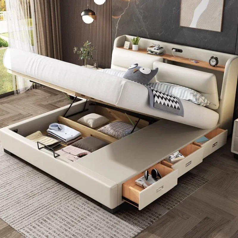 Princess Modern Nordic Double Bed Frame Simple Storage White Loft Bed Adults Comferter Cama Box Casal Bedroom Furniture