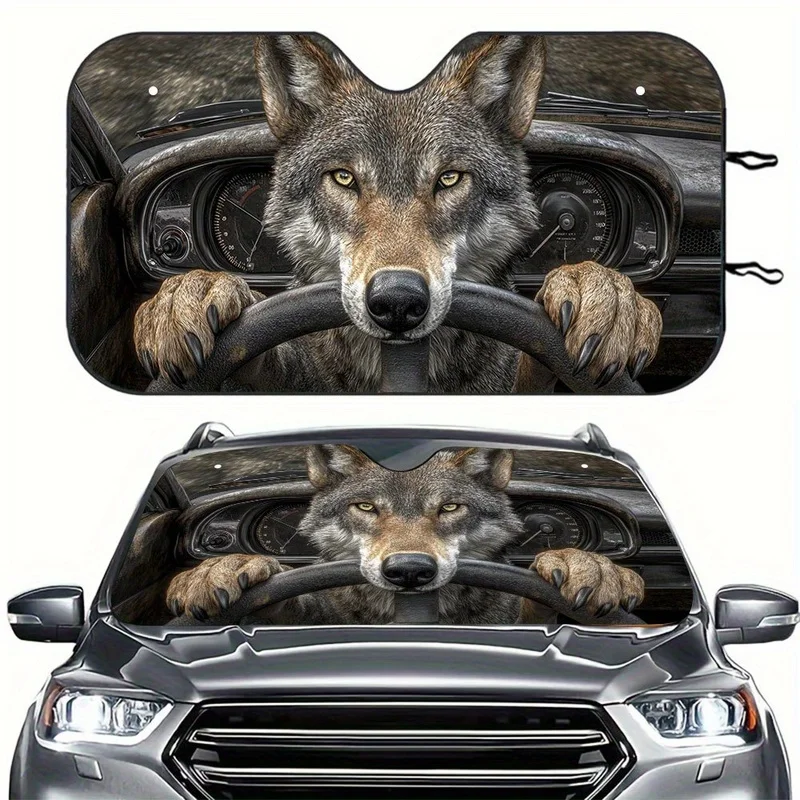 Fun Animal Car Windshield Sunshade, Wolf Pattern Design - Rollable Sunshade, Suitable for SUV RV, Anti-Cooling, Easy Security