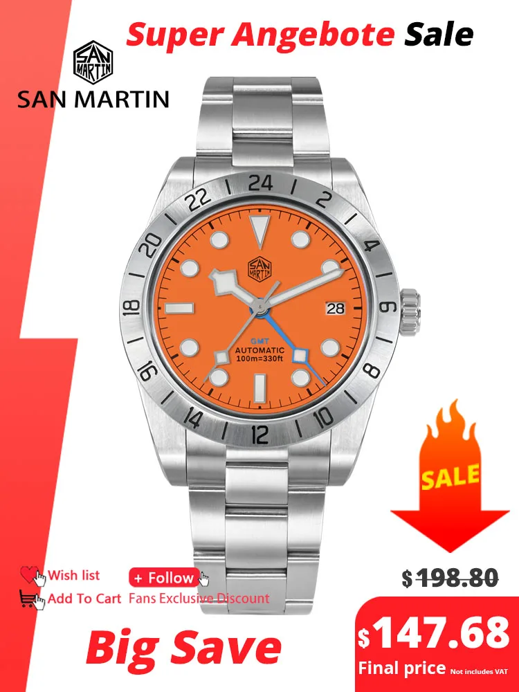 San Martin New 39mm BB GMT Colorful Dial Classic Luxury Mens Business Watch Automatic Mechanical Waterproof Luminous Date SN0054