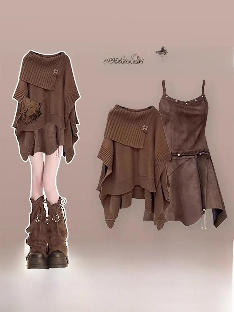 เสื้อโค้ทถักนิตติ้งและชุดเซ็ตสองชิ้นสไตล์ Dr. แฟชั่นฤดูใบไม้ร่วงฤดูหนาวสไตล์เรโทรฮ่องกง แขนยาว คอตั้ง