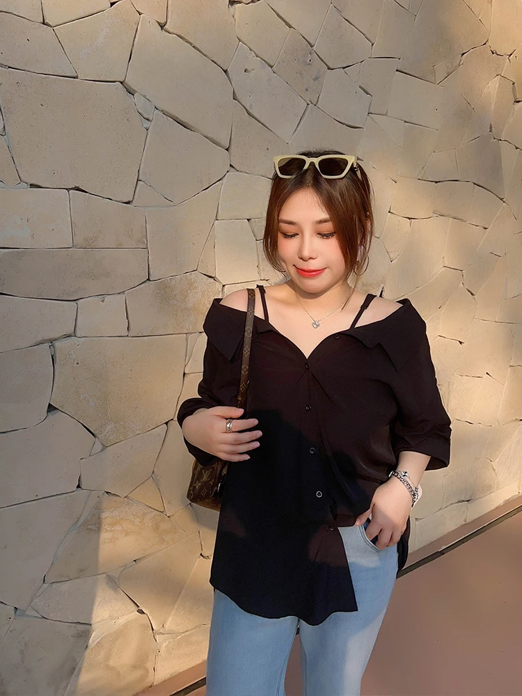 

Vogana Original plus Size Sexy oulder Bared Strap irt Casual Loose Slimming Color Women's Workwear Korean Sle
