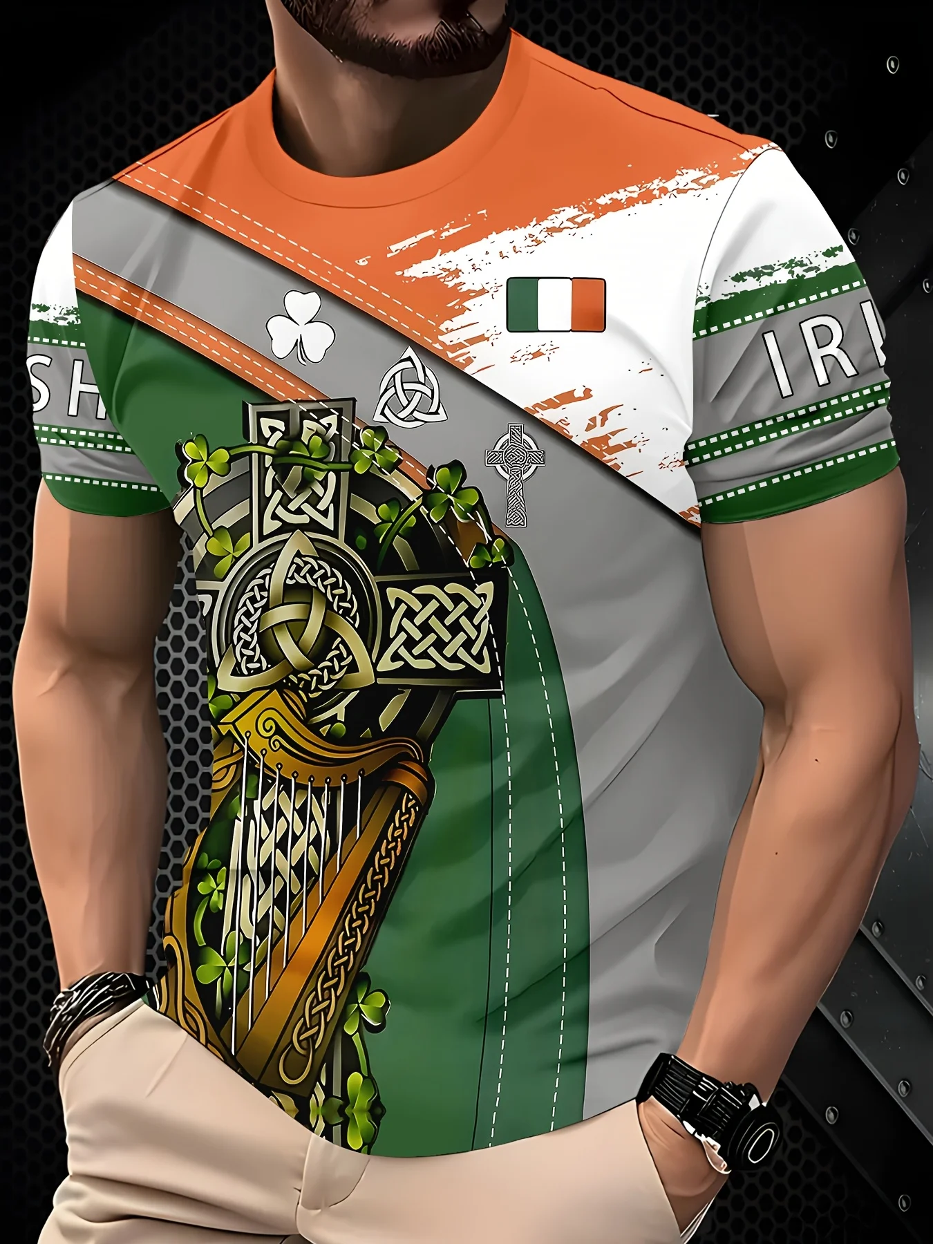 Men's Irish Celtic Cross Harp Print T-Shirt Shamrock Clover St Patrick's Day Crew Neck Top