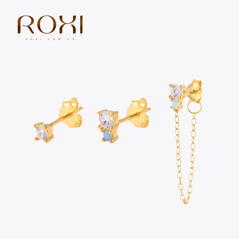 ROXI 100% 925 Sterling Silver Jewelry Set For Women Geometry Colored CZ 3 Piece Chain Stud Earrings Bijoux Femme Tendance 2023