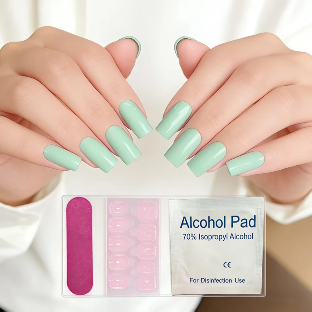 

Press On Nails Mint Green Square Fake Nails Glossy Full Cover False Nails for Women Daily Wear 24Pcs with Glue