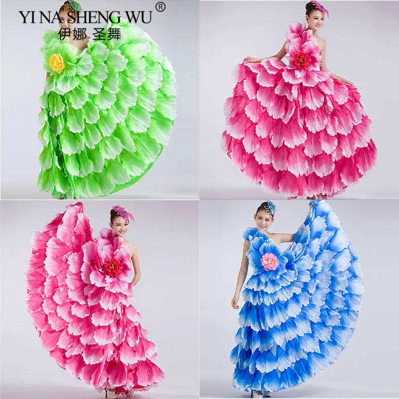 360 grande abertura vestido de dança florescendo flores trajes de desempenho de dança feminino saia grande pétala saia canção dança acompanhamento