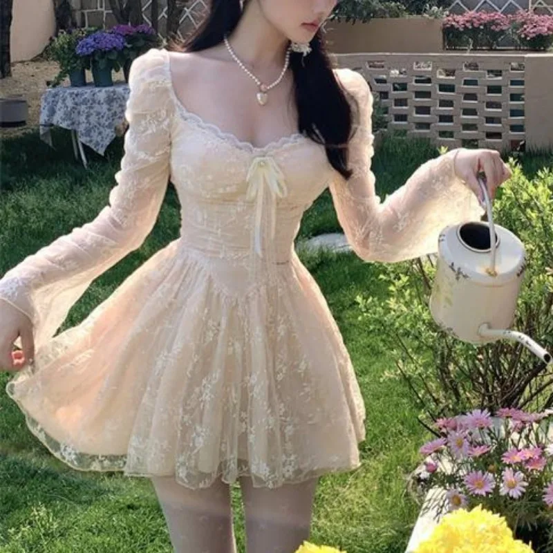 Autumn Korean Fashion Slim Fairy Dress Women Sweet Cute Lace Dress Female Casual Pretty Fairy Solid Bandage Ruffle Dresses 2024