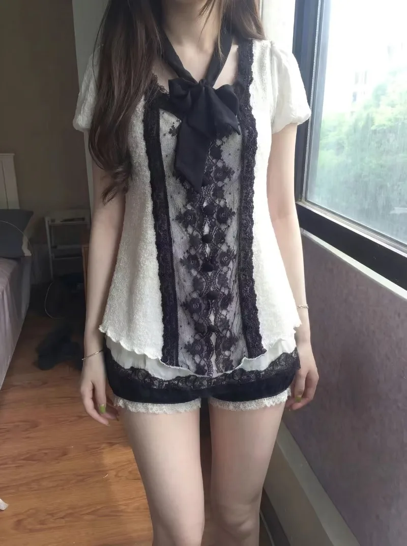 Japanese Style Summer Aesthetic Sweet 2 Piece Sets Women Black White Contrast Lace T-shirt Bow Y2K Top Lace Shorts Kawaii Outfit view 5