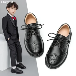 Boys Hollow Out Formal Dress Shoes Leather for Kids Party Wedding Dance Shoes Toddler School Fashion Children Shoe Flat Black