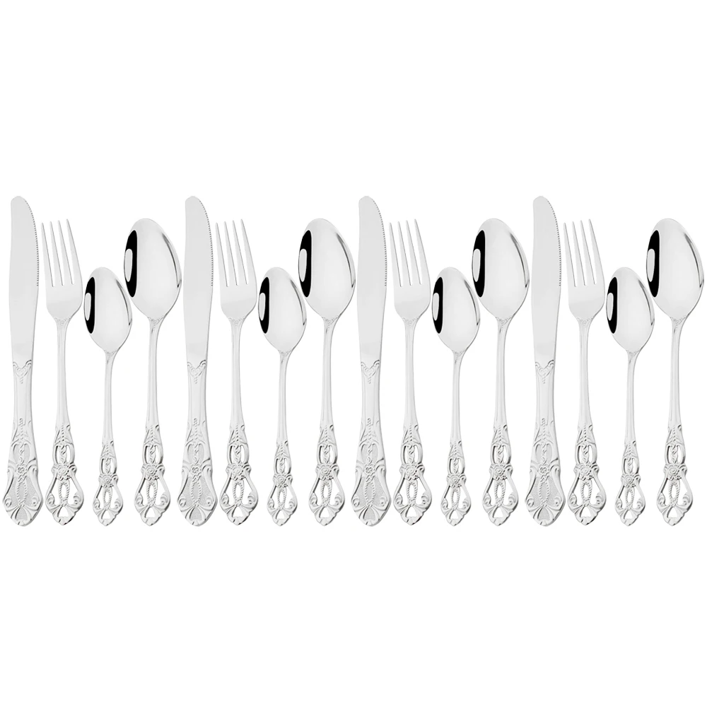 

16Pcs Vintage Cutlery Set Mirror Stainless Steel Dinnerware Set Knife Fork Coffee Spoon Tableware Western Party Kitchen Flatware