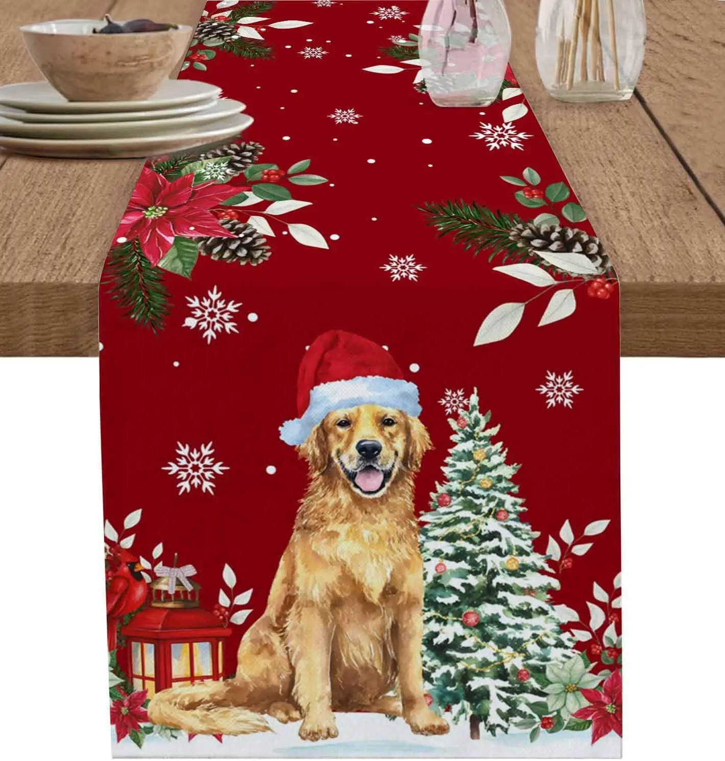 

Рождественская собака, пуансеттия, льняная дорожка для стола, украшение для дома, зимняя рождественская елка, красные цветы, птицы, скатерти, рождественское украшение