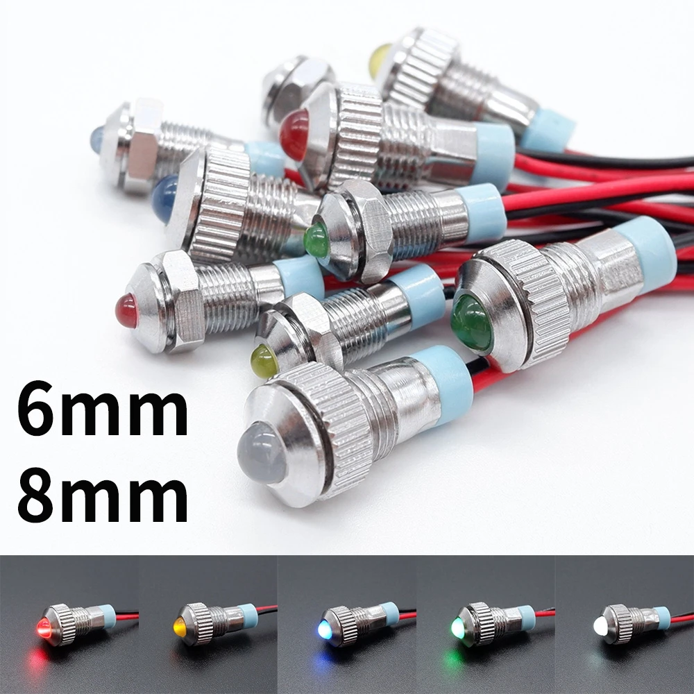 6mm 8mm Metal LED Warning indicator light Power Supply Alarm Signal Lamp Pilot Wires Small 3V 5V 12V 220V Red Yellow Blue Green