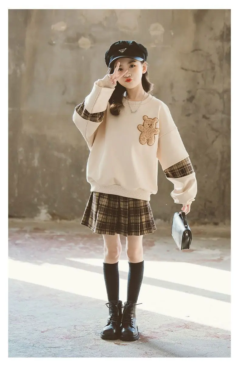 2024 outono primavera meninas roupas adolescente urso com capuz camiseta + xadrez primavera jk saia plissada uniforme 4 5 6 7 8 9 10 11 12 anos