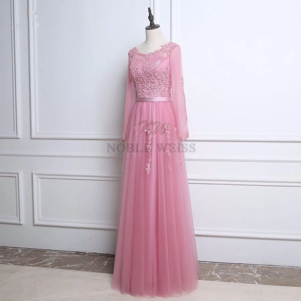 ロング A ライン イブニング ドレス O ネック アップリケ ビーズ プロム パーティー ドレス 長袖 カスタマイズ