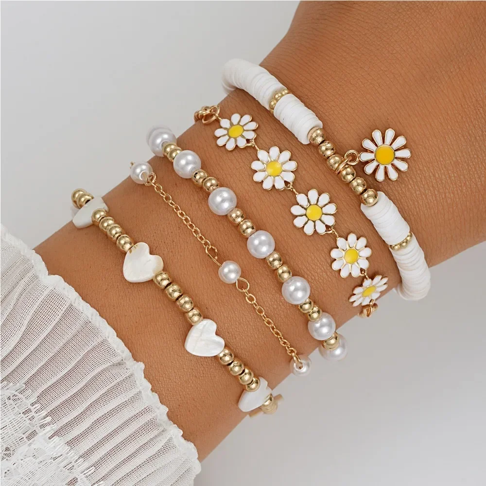 Conjunto de 5 uds de pulsera de corazón de perla y flor de Margarita para mujer, conjunto de joyería de circón de Color dorado multicapa con personalidad, regalo