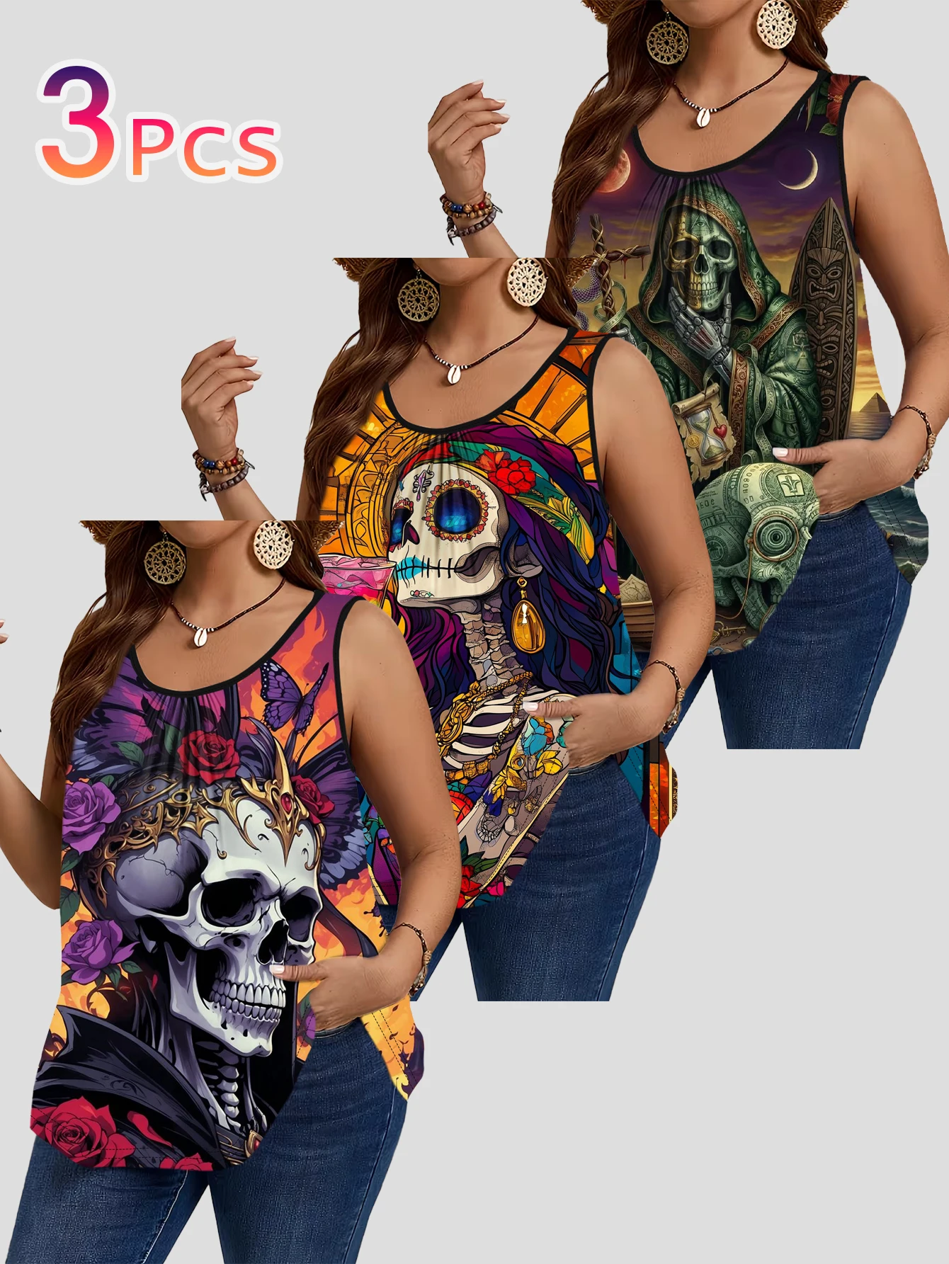 3-Piece Set of Plus-Size Sleeveless Vests with Colorful Undead Skull Art Print, Trendy and Unique Loose-Fitting Tank Tops That Cover the Body
