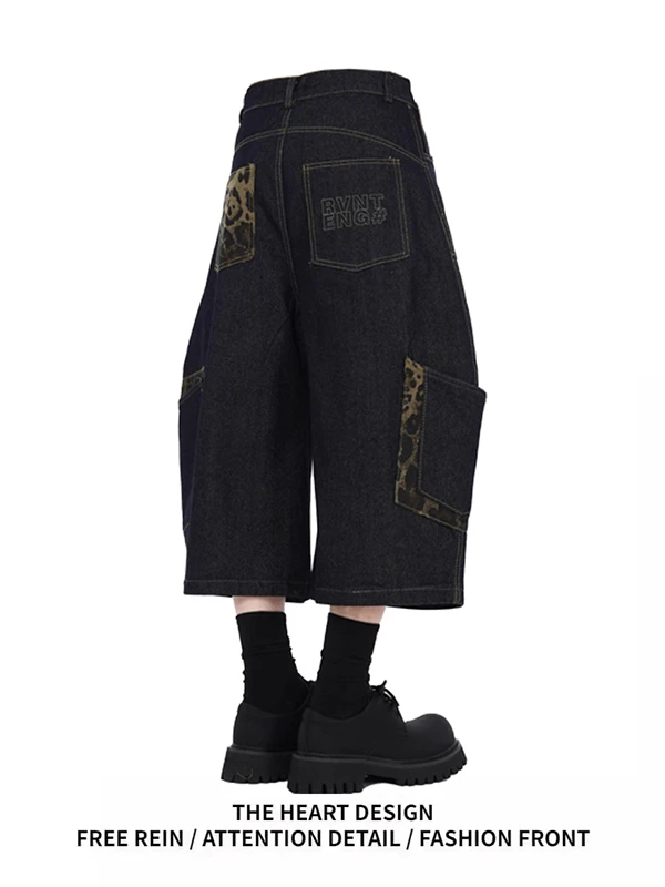 

American Retro Leopard Print Patchwork Wide Leg Short Jeans Women Summer Loose Fit High Waist Denim Pants with Big Pockets