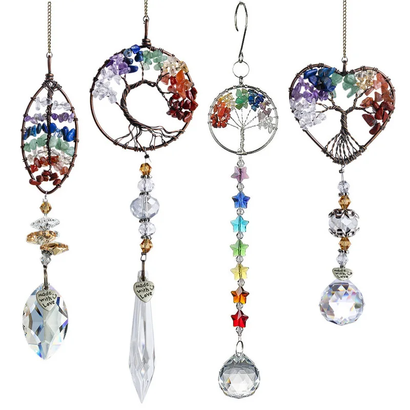 Tree Of Life Sun Catcher Crystal Wind Chimes Hanging Decorations Stained Glass Garden Outdoor Decor Home Children's Room Pendant